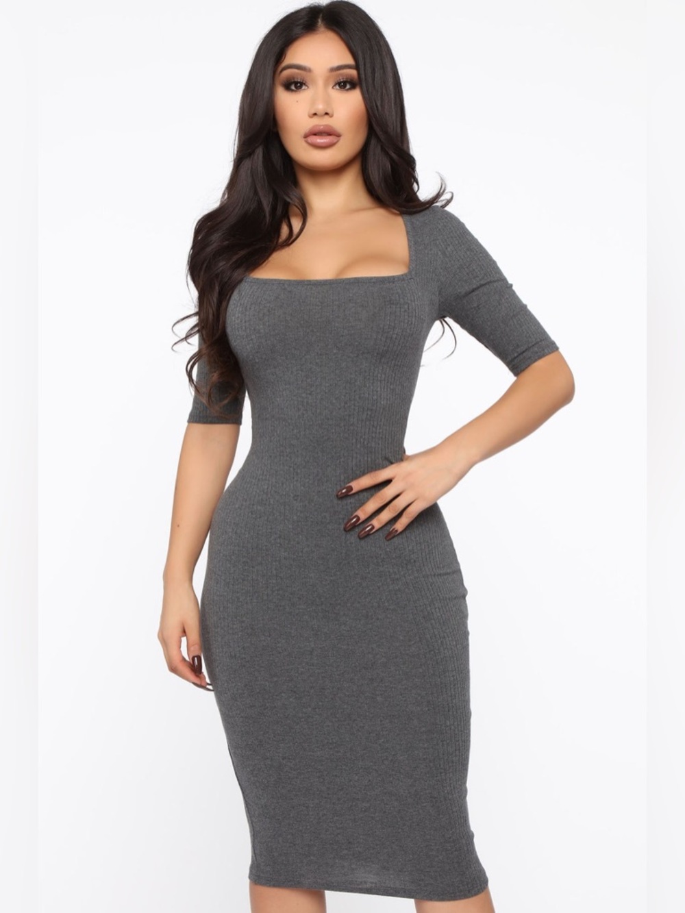 Fashion Nova Square Neck Ribbed Midi Dress in Gray